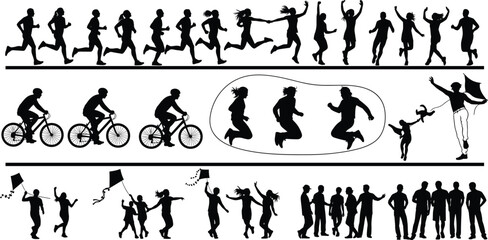 People silhouettes collection, showing running, jumping, cycling, dancing, walking, celebrating activities, isolated black icons set for sport fitness lifestyle illustration design 