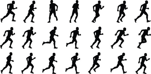 Running man silhouette icon set, athlete motion poses, jogging sprint action, fitness exercise symbols, black human figures, sports movement collection isolated white background