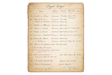 Legal Ledger Document with transparent background for data analysis