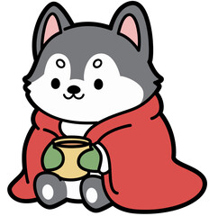 Cute Husky Dog Holding Hot Chocolate, Cozy Winter Christmas Clip Art