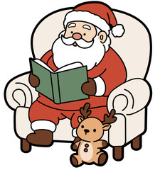 Cute Santa Claus Reading a Book on Armchair, Cozy Christmas Cartoon Clip Art