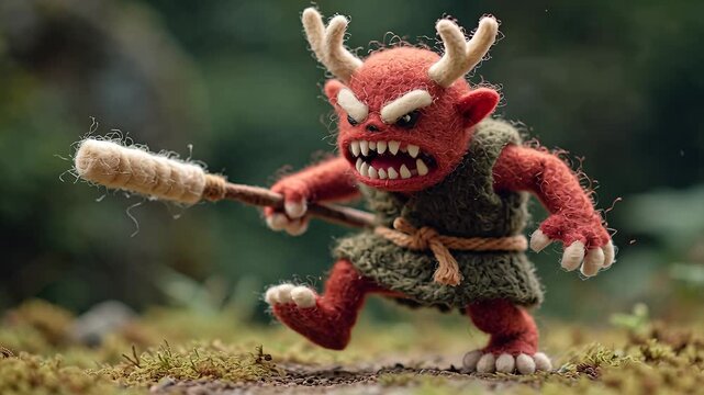 Fierce Red Monster with Horns and Club in a Forest Setting.