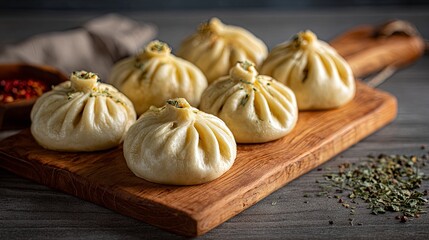 Top view of delicious Georgian khinkali on a wooden kitchen board