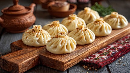 Top view of delicious Georgian khinkali on a wooden kitchen board