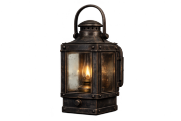 Antique bronze lantern with fire effect on transparent background