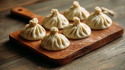 Top view of delicious Georgian khinkali on a wooden kitchen board