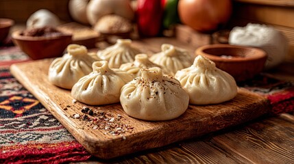 Top view of delicious Georgian khinkali on a wooden kitchen board