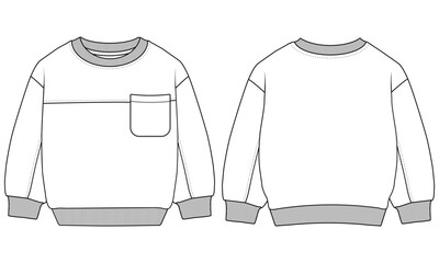 Kids Crew Neck Sweatshirt Pocket t shirt Technical Flat Vector Design Set
