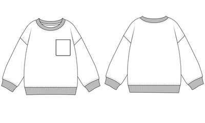 Kids Crew Neck Sweatshirt Pocket t shirt Technical Flat Vector Design Set
