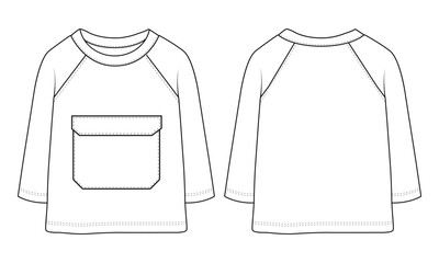 Kids Crew Neck Sweatshirt Pocket t shirt Technical Flat Vector Design Set
