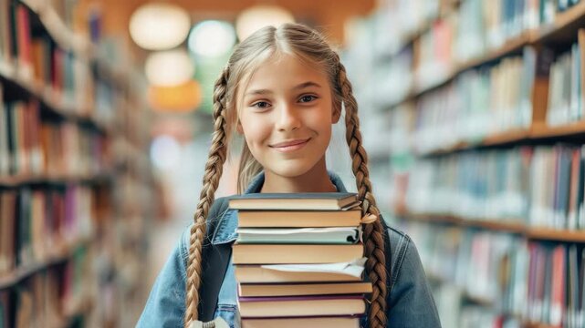 Young girl exploring a library aisle with a stack of books and a bright smile