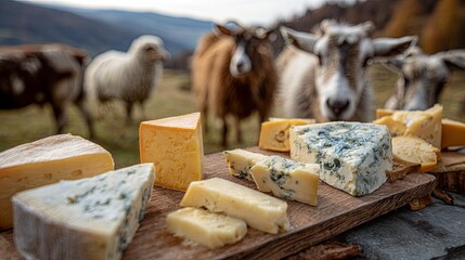 Delicious sheep cheese on a background of sheep on a green field