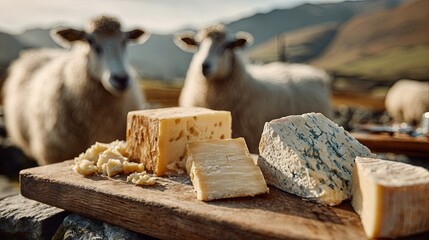 Delicious sheep cheese on a background of sheep on a green field