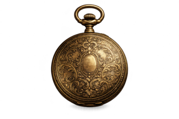 Ornate Vintage Gold Pocket Watch on transparent background, Close Up