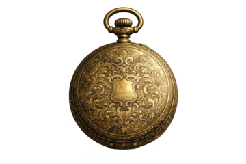 Ornate Gold Pocket Watch on transparent background, Antique Timepiece