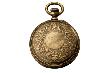 Ornate Gold Pocket Watch on transparent background, antique elegance.