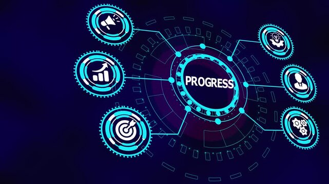 Business progress visualization with digital dashboard icons representing growth tracking, analytics, optimization, leadership, and continuous improvement.
