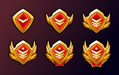 Fototapeta premium Rank level patent golden badges bundle. Ribbon and wings. High quality illustrations. Perfect for games achievements.