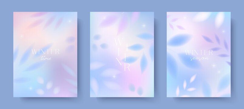 Winter gradient backgrounds.Blurred illustrations with frozen plants and florals.Abstract dreamy banners in soft pastel colors.Delicate minimal designs for holidays prints; covers; ad; invitations.
