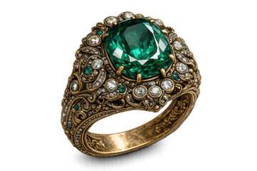 Emerald ring with diamonds on transparent background, ornate gold band