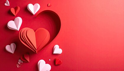 Creative arrangement of folded red and white paper hearts on a vibrant red background.