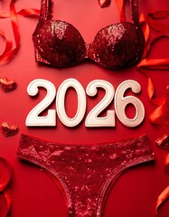 2026 red numbers written with red glitters on red background with red lingerie (bra and slip)