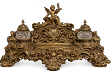 Ornate Inkstand with Angel Statue on a transparent background view