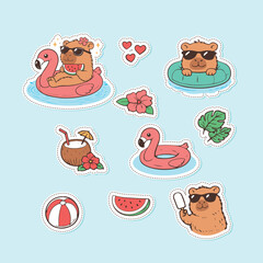 Cute Capybara Summer Sticker Set with Flamingo and Tropical Elements