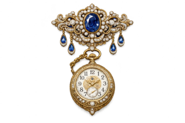 Antique Jewel-Encrusted Watch on transparent background, Brooch Included