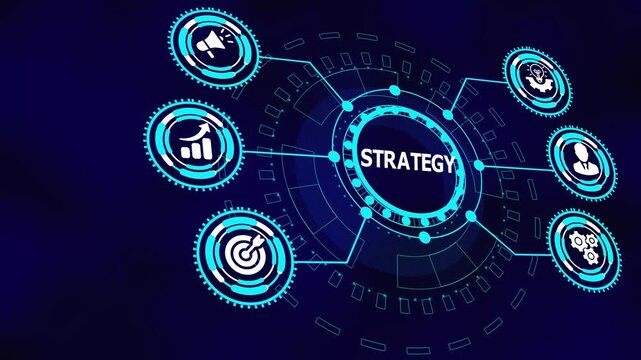 Business strategy concept with connected digital icons illustrating planning, analytics, leadership alignment, optimization, and execution systems.