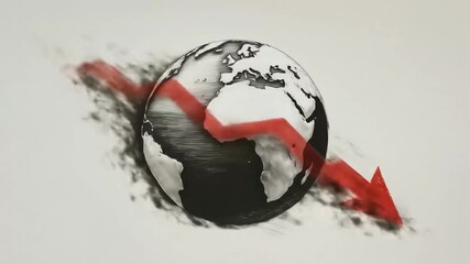 Black-and-white globe pierced by red falling arrow - Powered by Adobe