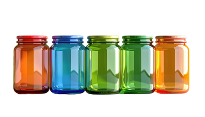 Five colorful glass jars with lids stand in a row against a black background, creating a vivid, vibrant display