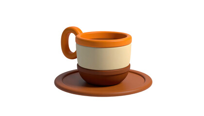 Obraz premium Cartoon cup with brown drink on a saucer, isolated against a black backdrop in 3D render fashion