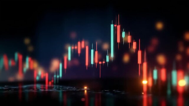 Neon candlestick chart glowing over wet surface...