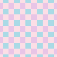 Pastel checkerboard seamless pattern with pink, blue and lilac squares. Flat vector background for textiles, wrapping paper, kids design or digital prints.