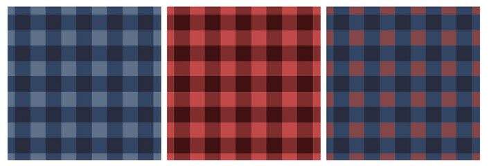 Buffalo plaid seamless pattern set in red, navy and blue tones. Flat vector checkered design for fabric, wrapping paper, rustic decor or winter prints.