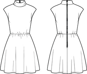 Technical fashion flat sketch of a sleeveless mock neck skater dress with cinched elastic waist and back zipper closure vector © Farzana