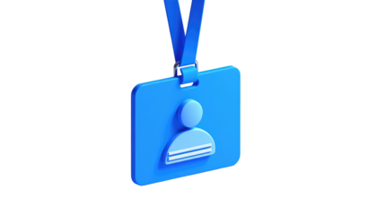 Bright blue ID badge with a simple human icon on black background, hanging from a matching lanyard