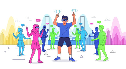 Immersive virtual reality experience with diverse participants engaging in digital interactions,