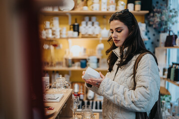 A woman browses a boutique cafe and holds a white mug. The scene shows a casual shopper in a warm, well-lit shop with shelves of products.
