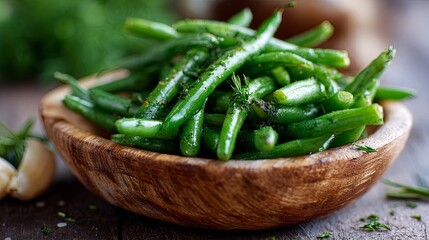 Green beans in a wooden plate on a white background, top view	