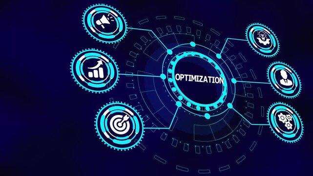 Business optimization framework with futuristic digital icons representing analytics, efficiency improvement, strategy execution, and performance control.
