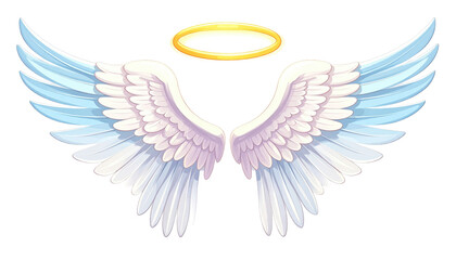 Cartoon illustration featuring a pair of large, stylized angelic wings with detailed feather rendering and a golden halo above