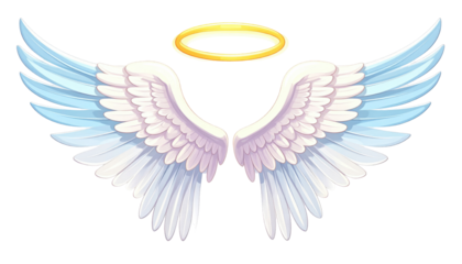 Cartoon illustration featuring a pair of large, stylized angelic wings with detailed feather rendering and a golden halo above