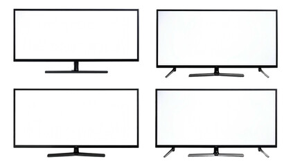 Four blank, modern flat-screen TVs are presented against a black background. The screens are all white and centered