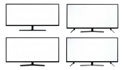 Four blank, modern flat-screen TVs are presented against a black background. The screens are all white and centered