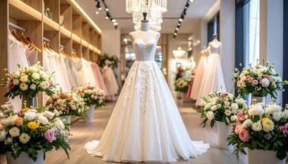 An elegant wedding gown on a mannequin stands in a boutique amidst floral arrangements. Other dresses and mannequins are in the background