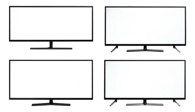 Four blank, modern flat-screen TVs are presented against a black background. The screens are all white and centered - Powered by Adobe
