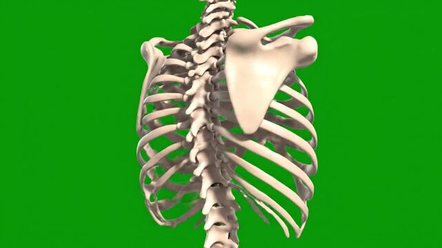 Close-up of a human skeleton's upper body and ribcage against a green background