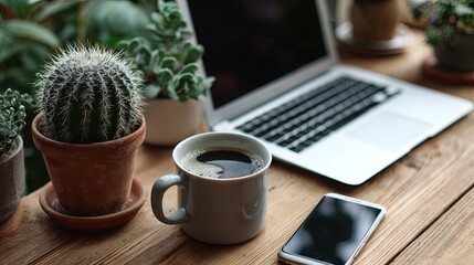 Cozy workplace with cup of coffee, laptop, smartphone and cactus in a pot on wooden table near window